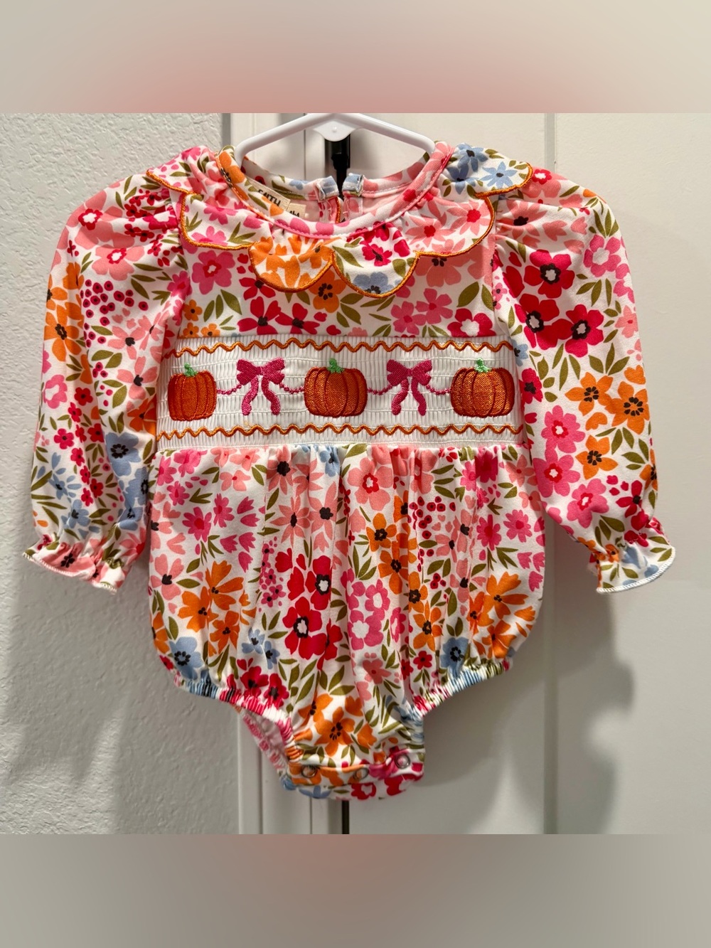 Rylee Faith Designs Smocked Floral Pumpkin Long Sleeve Ruffle Fall Romper 3 M